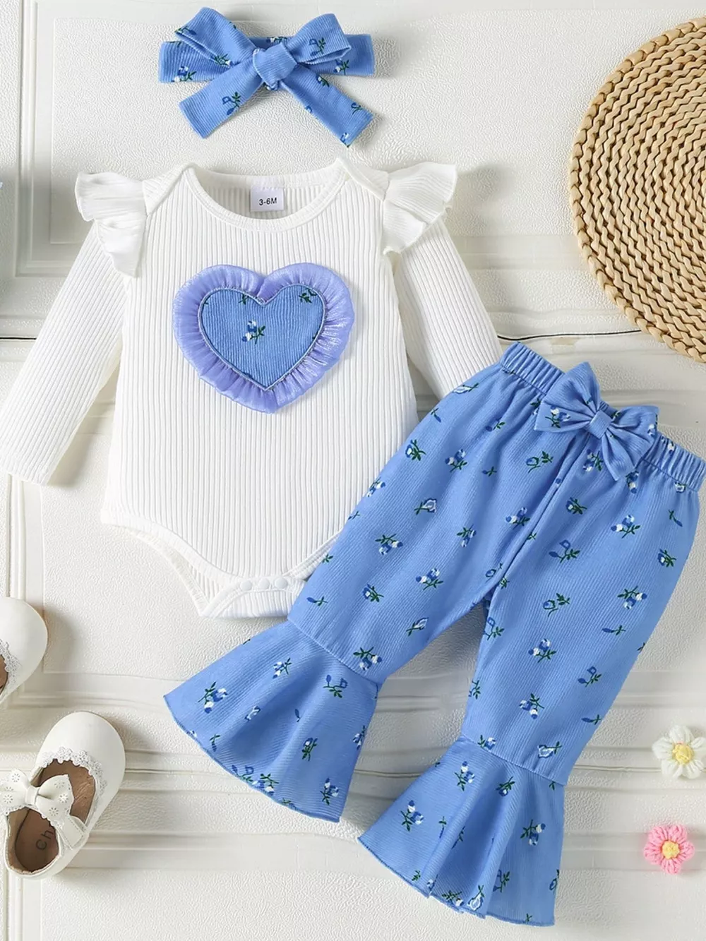 Children's Ruffled Bodysuit and Floral Pants Outfit Set with Headband, image 6