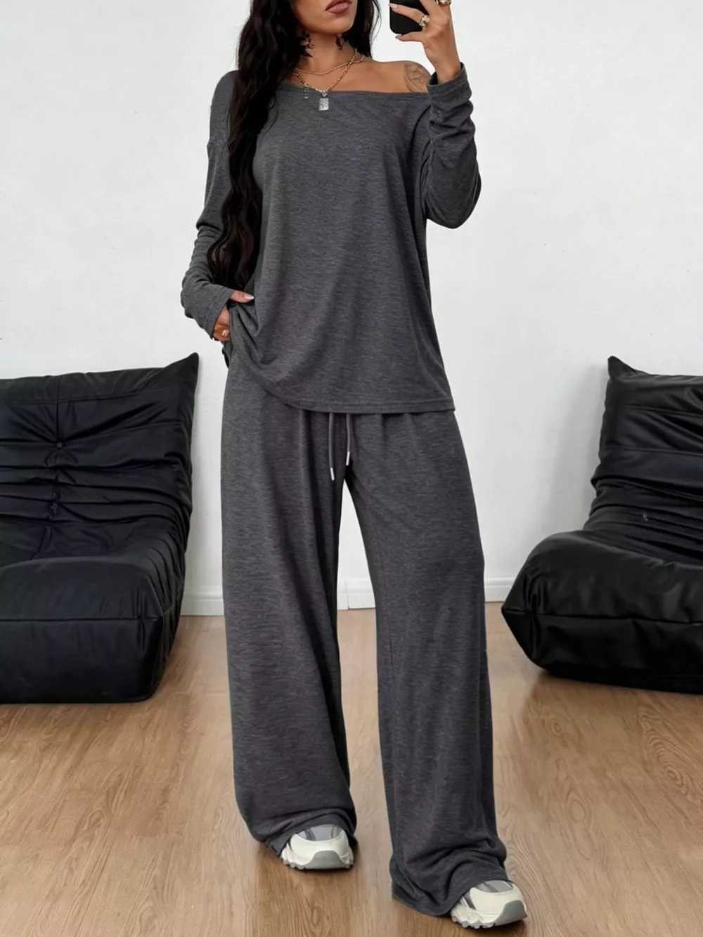 Full Size Comfortable Loose Fit One-Shoulder T-Shirt and Pants Set Plus Size, image 9