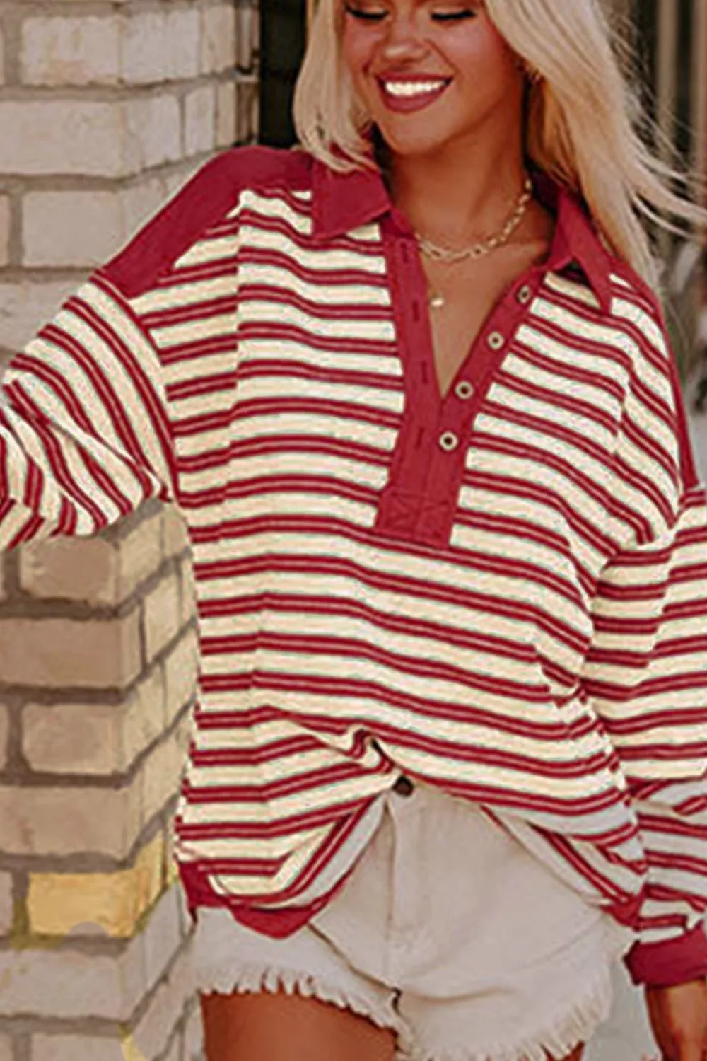 Stripe Johnny Collar Drop Shoulder Sweatshirt, image 11