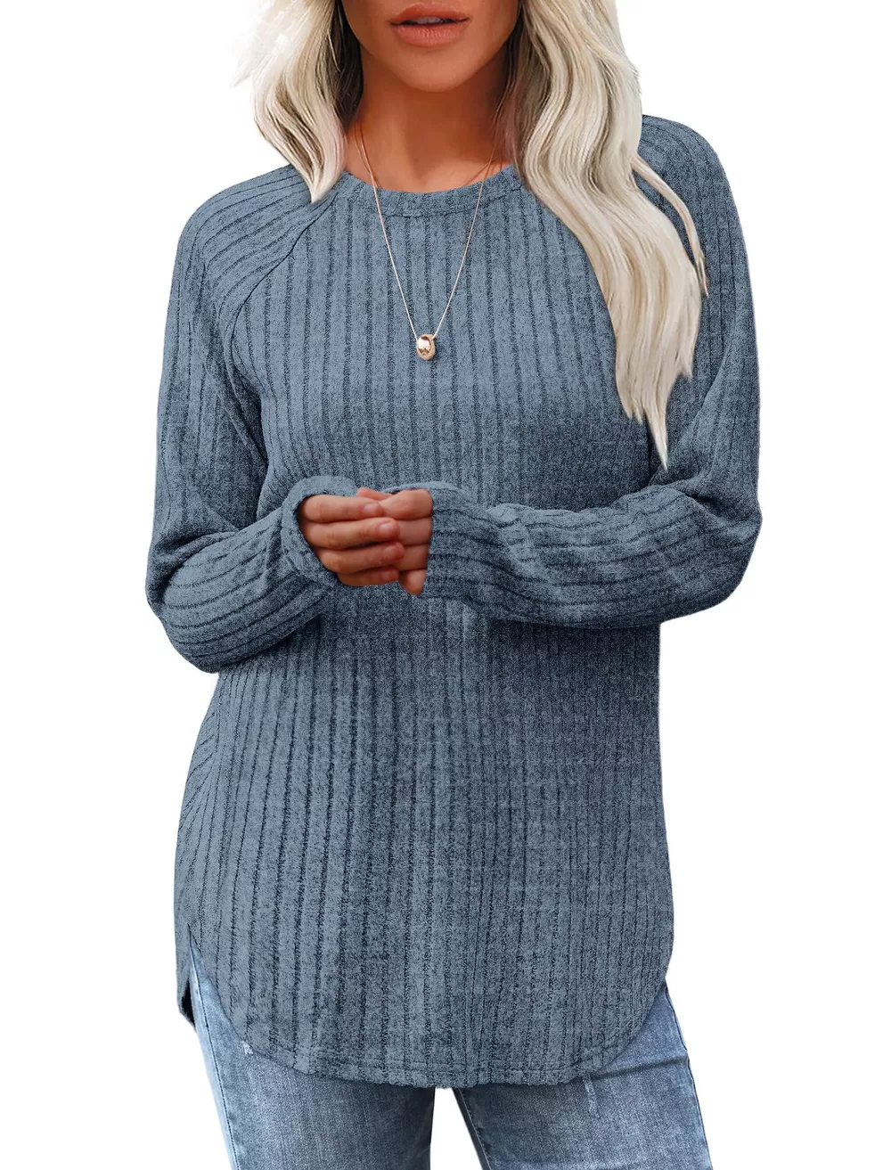 Casual Ribbed Knit Long Sleeve T-Shirt, image 14
