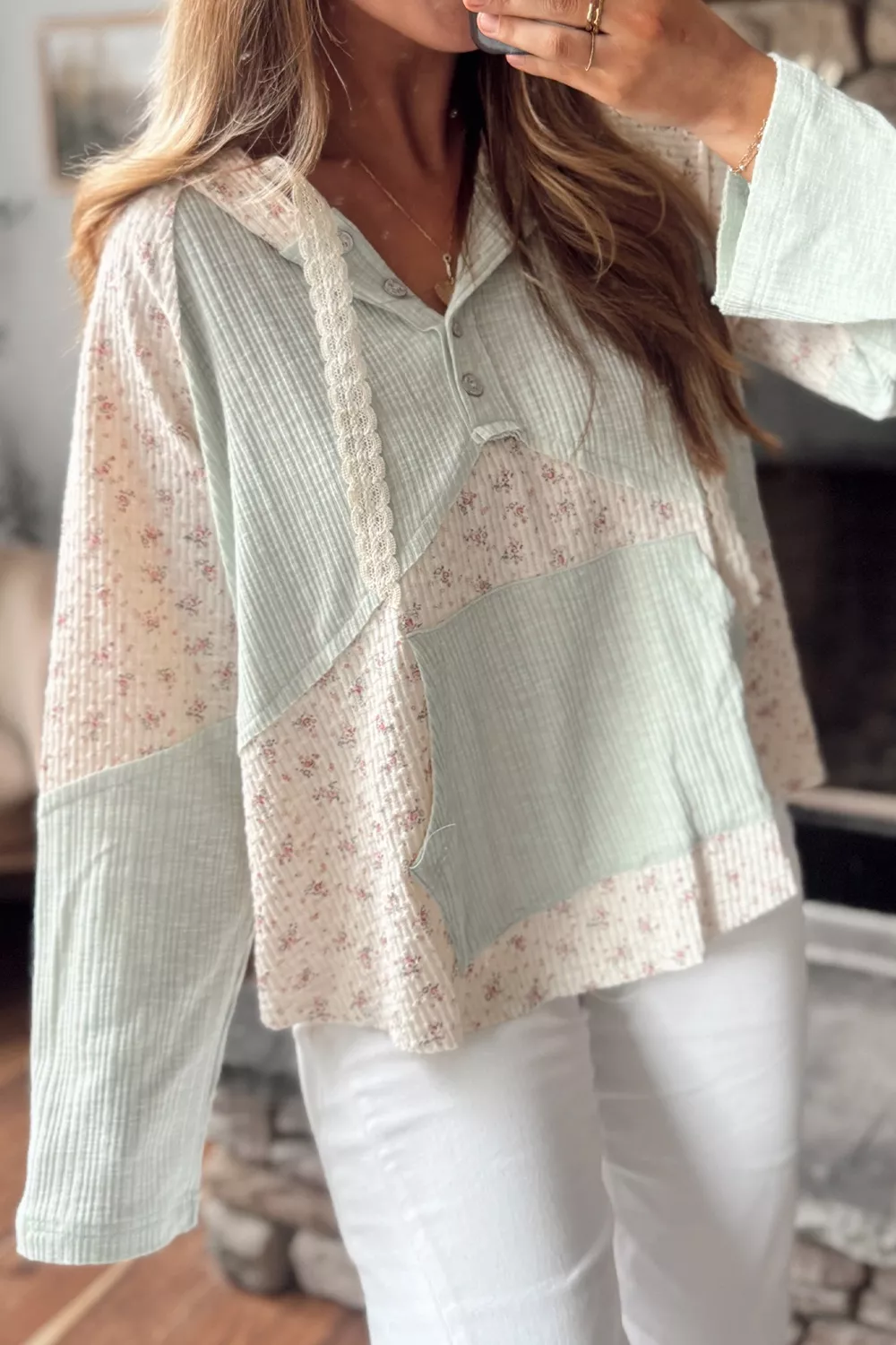 Lace Trim Floral Patchwork Button Detail Blouse, image 2