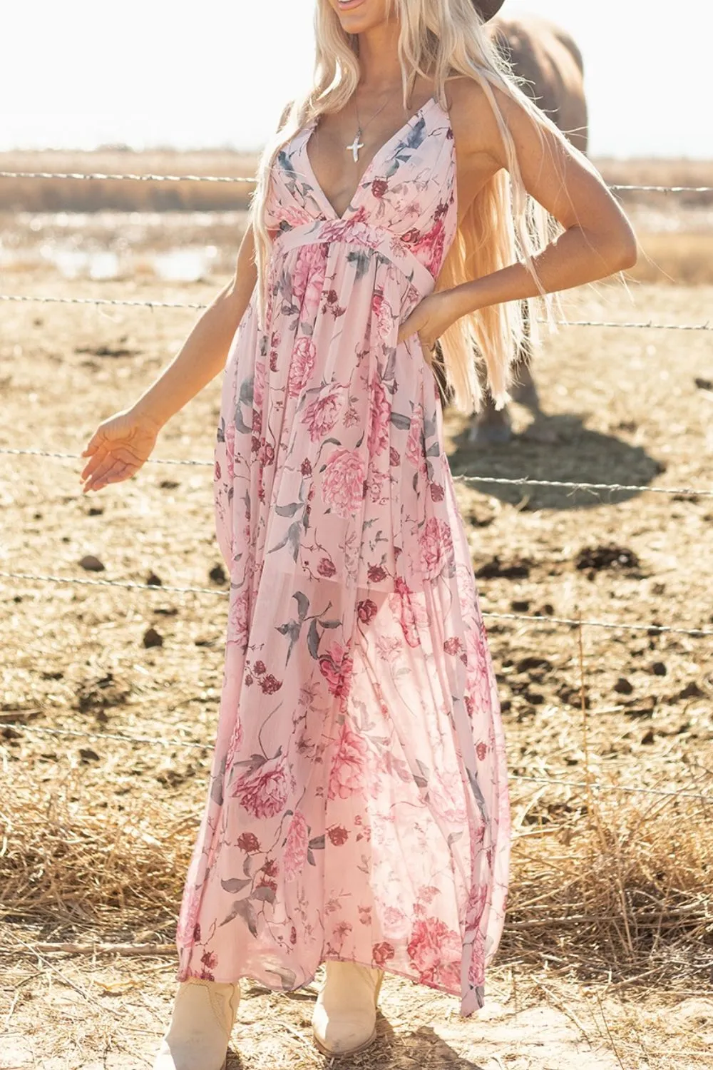 Floral Pleated Deep V Backless Maxi Dress, image 9