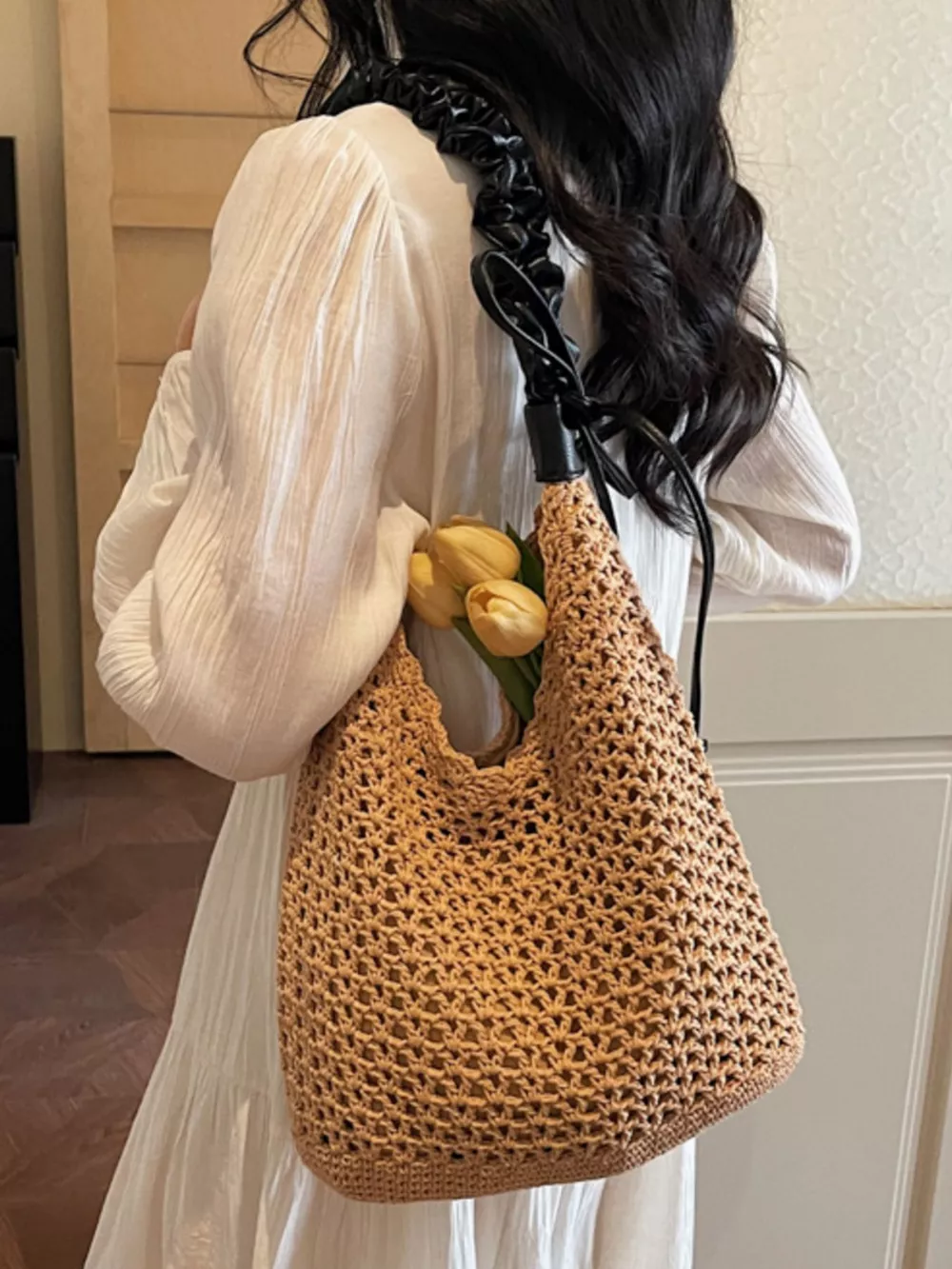 Crochet Shoulder Bag with Ruched Handle, image 7