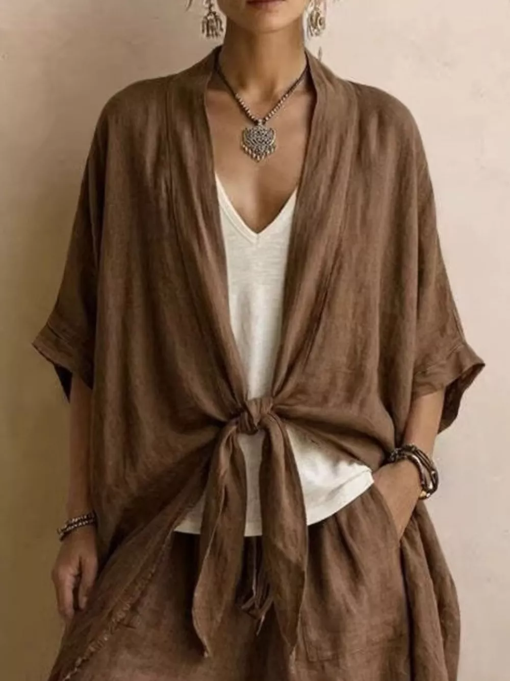 Full Size Tie-Front Cardigan and Wide-Leg Pants Set Plus Size, image 4