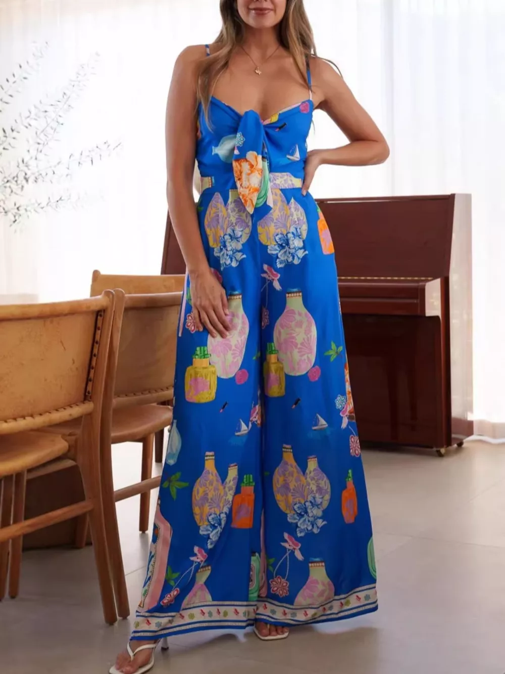Printed Tie-Front Wide Leg Jumpsuit, image 11