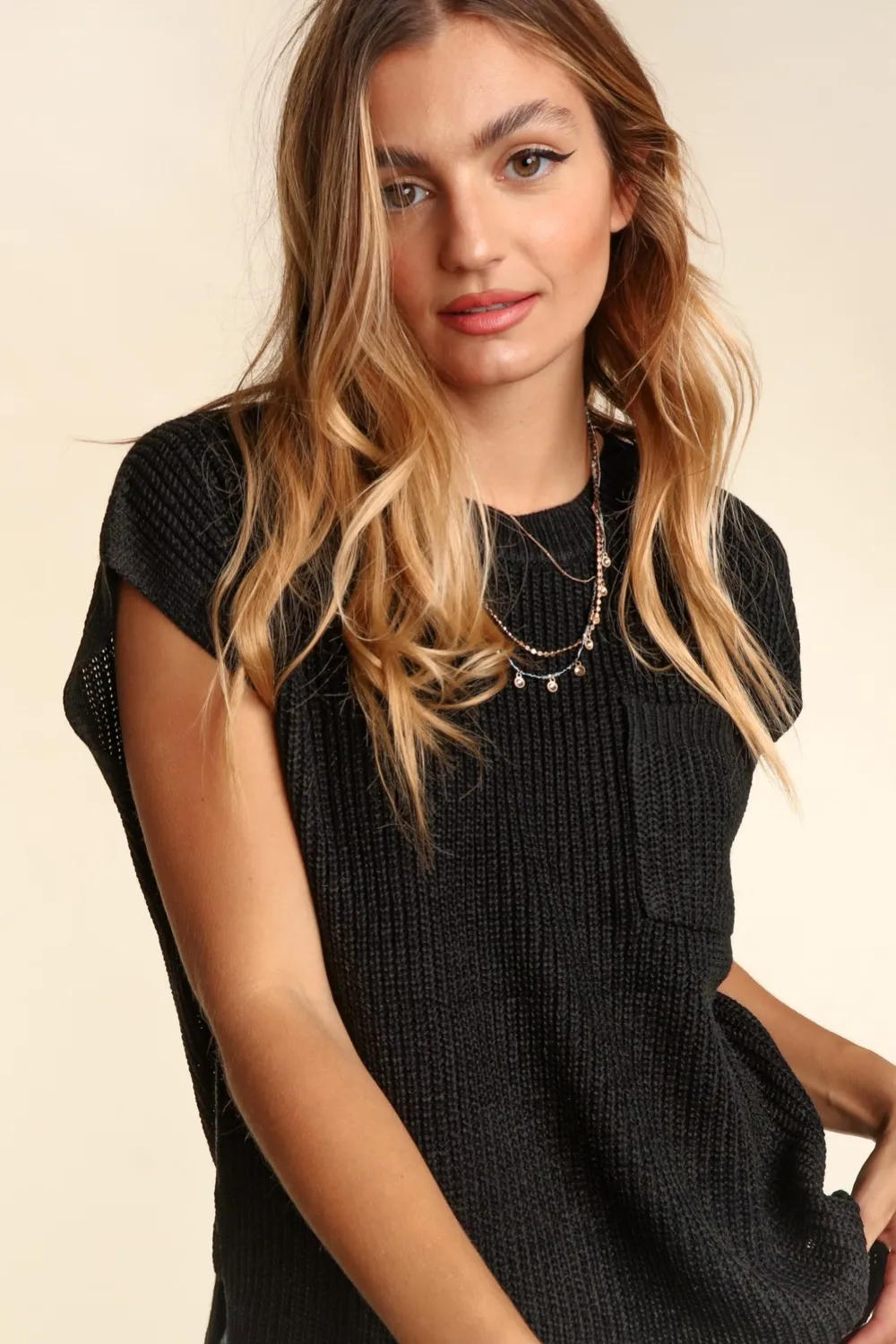 Pocketed Round Neck Cap Sleeve Knit Top, image 3