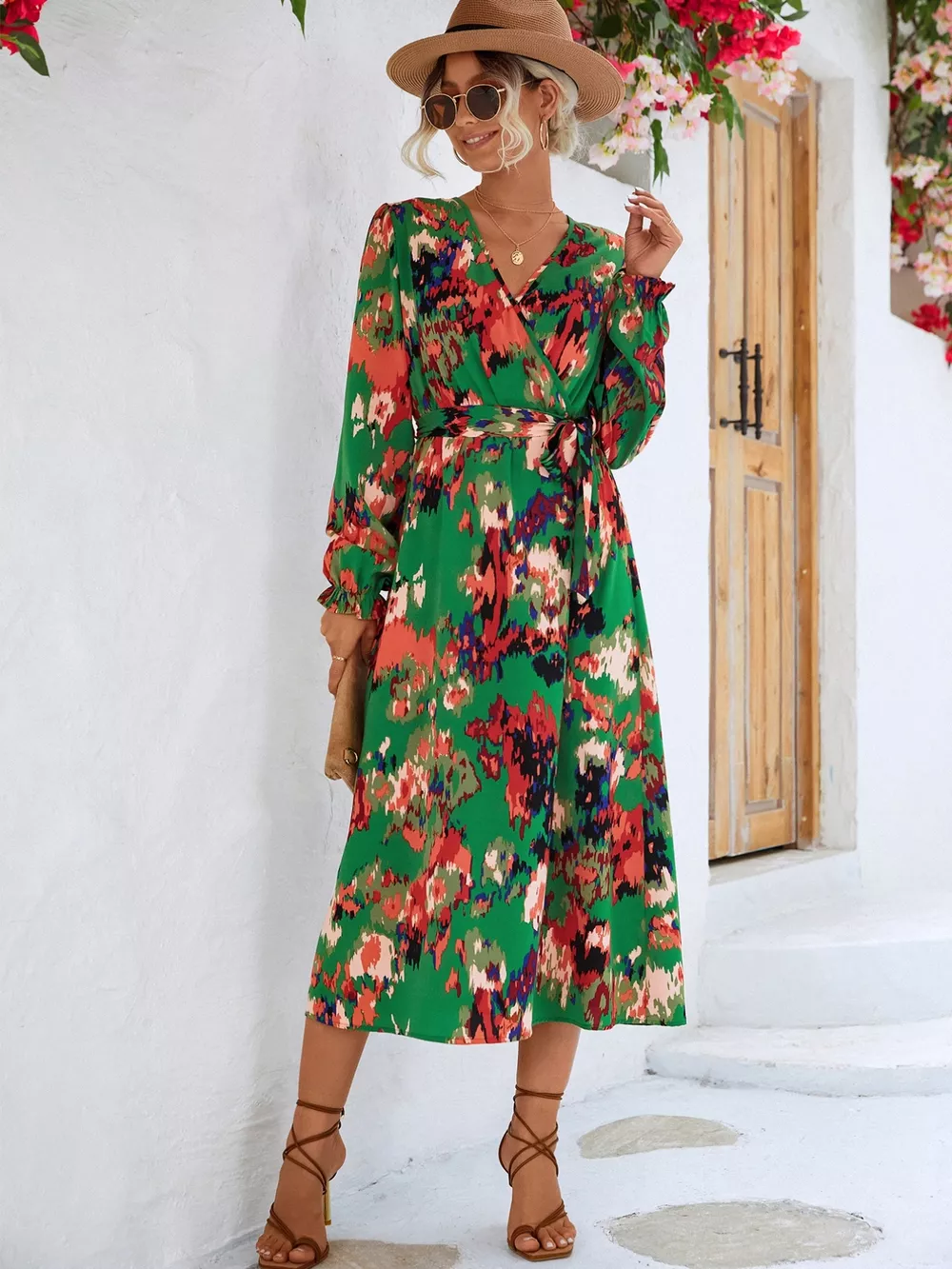 Printed Surplice Long Sleeve Midi Dress, image 6