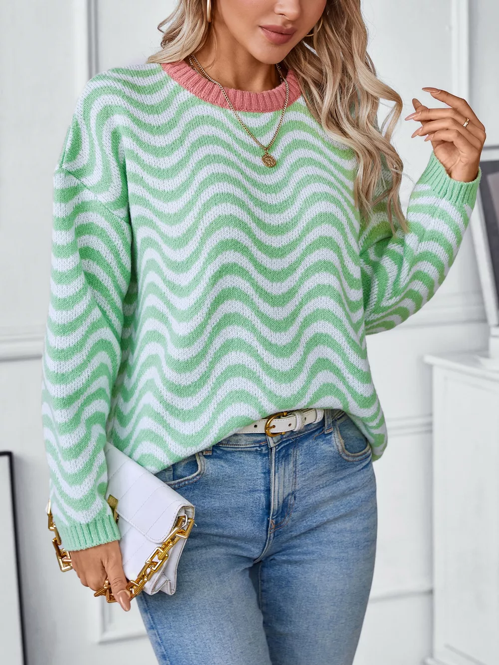 Wavy Striped Round Neck Sweater, image 4