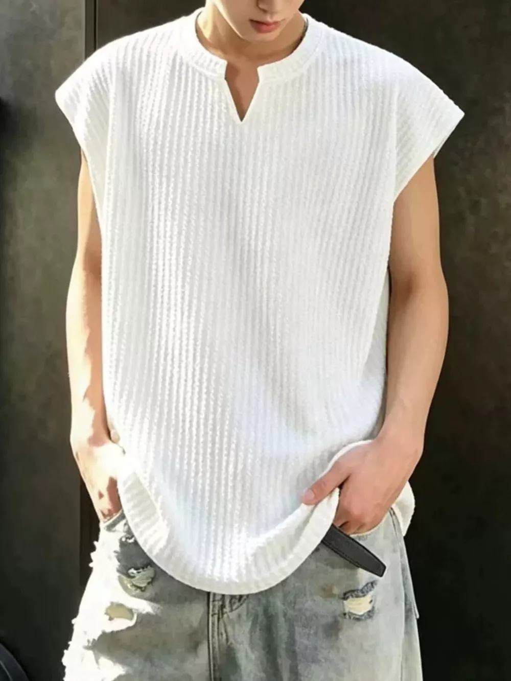 Men's Plus Size Textured Knit Notched Tank Top, image 5