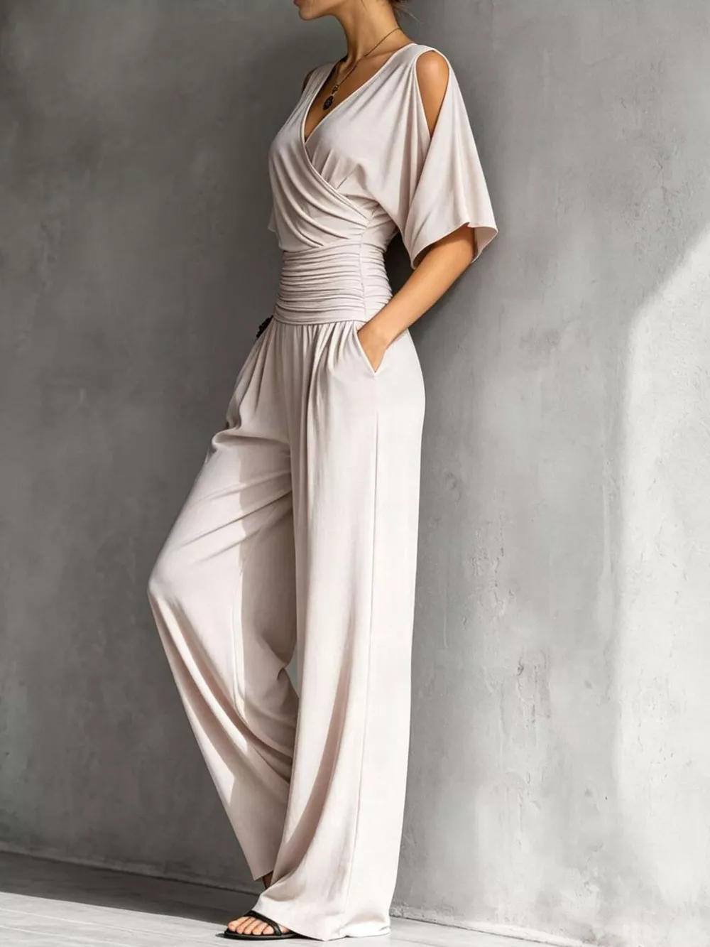 Cold Shoulder Ruched Waist Wide-Leg Jumpsuit, image 2