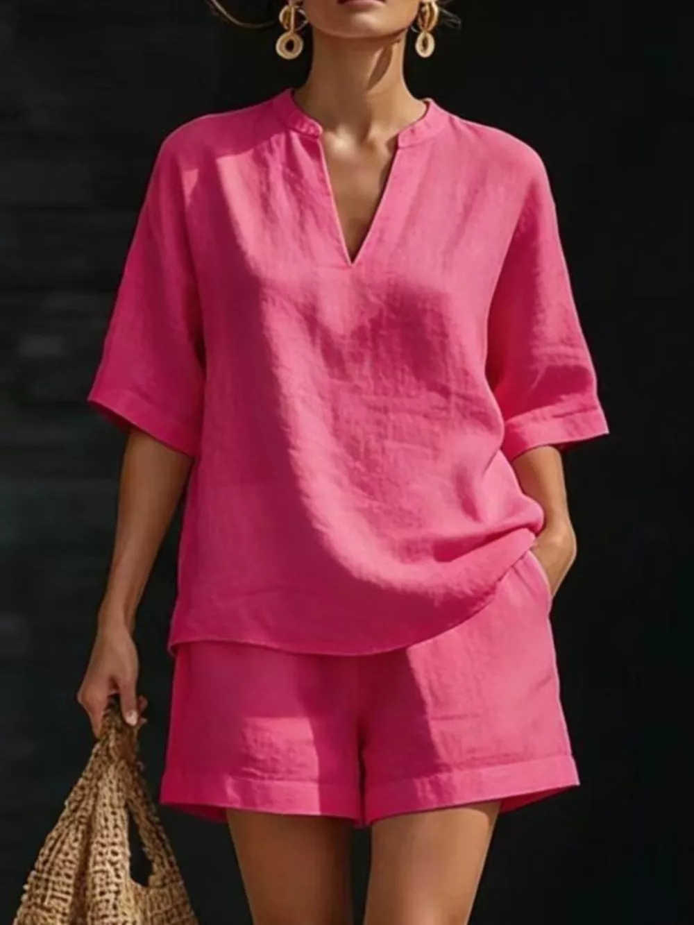 Full Size Notched Half Sleeve Top and Shorts Set Plus Size, image 9