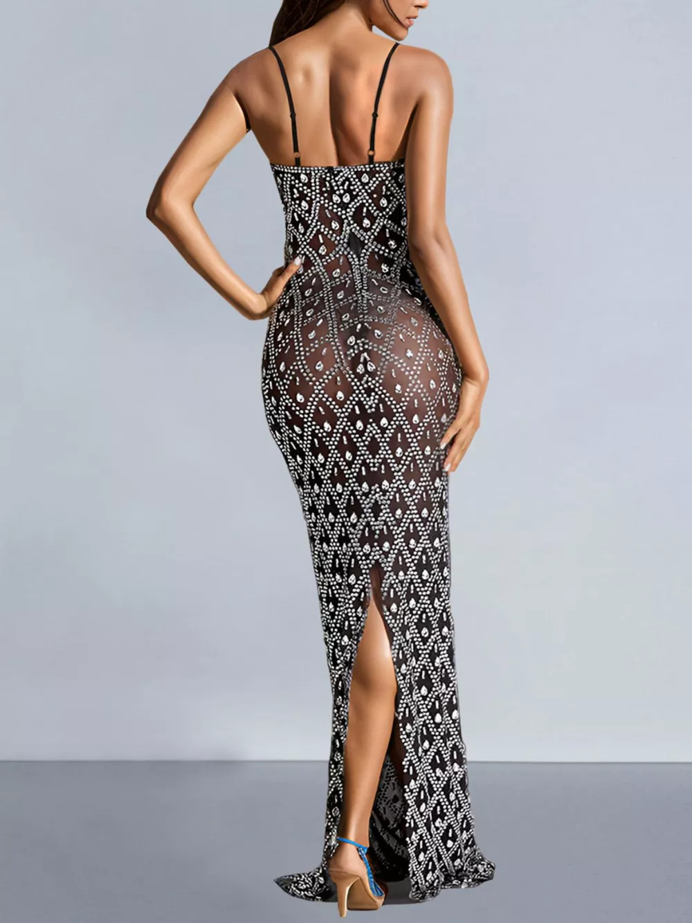Glamorous Rhinestone Embellished Sheer Mesh Maxi Dress, image 2