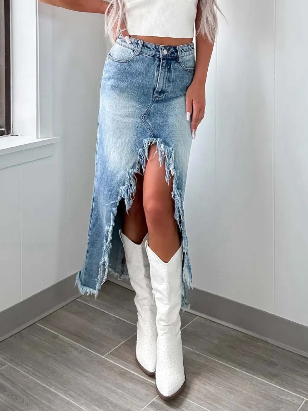 High-Waist Raw Hem Asymmetry Denim Skirt, image 3
