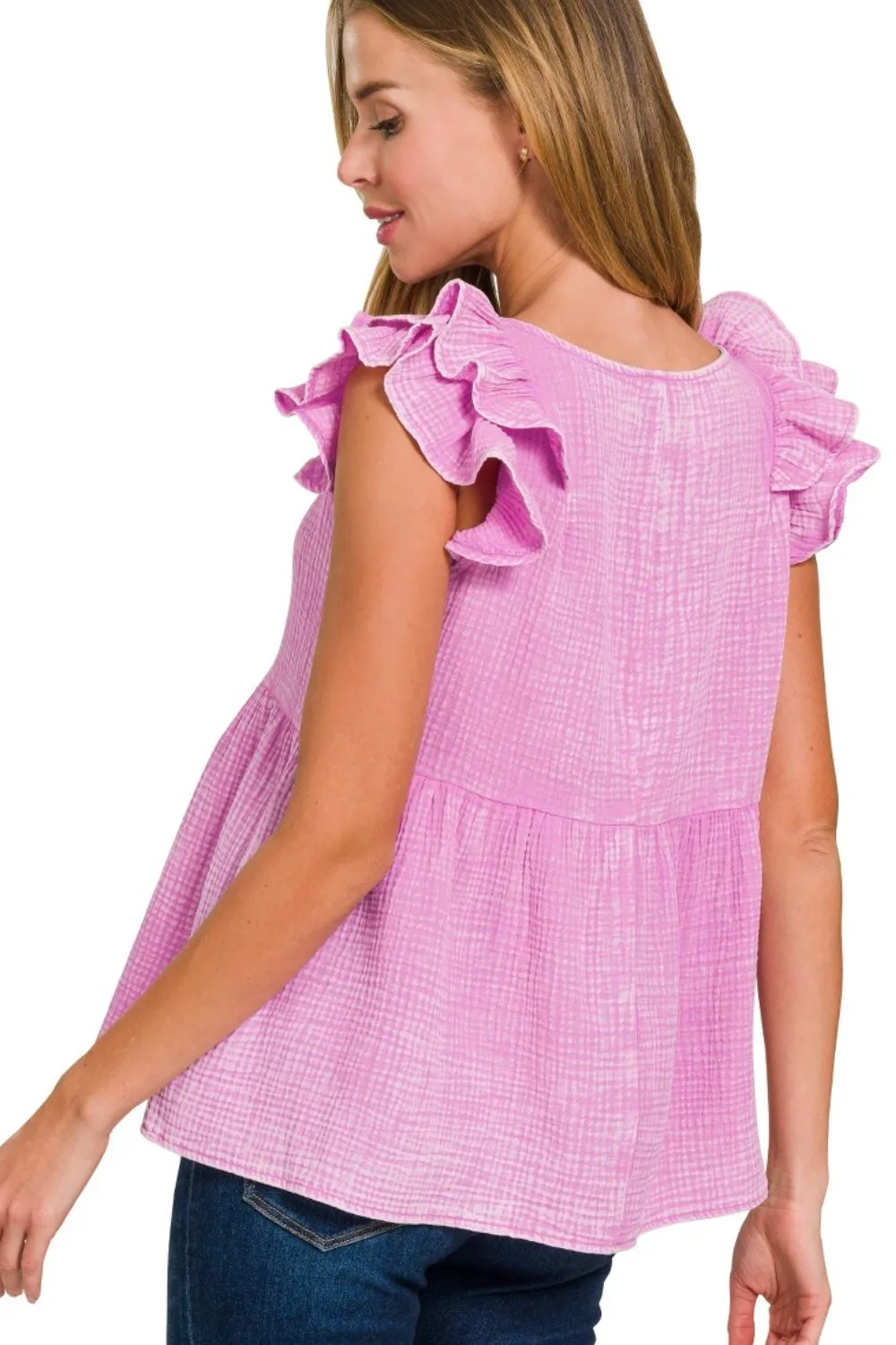Double Gauze Acid Washed Tiered Ruffle Peplum Top, image 3