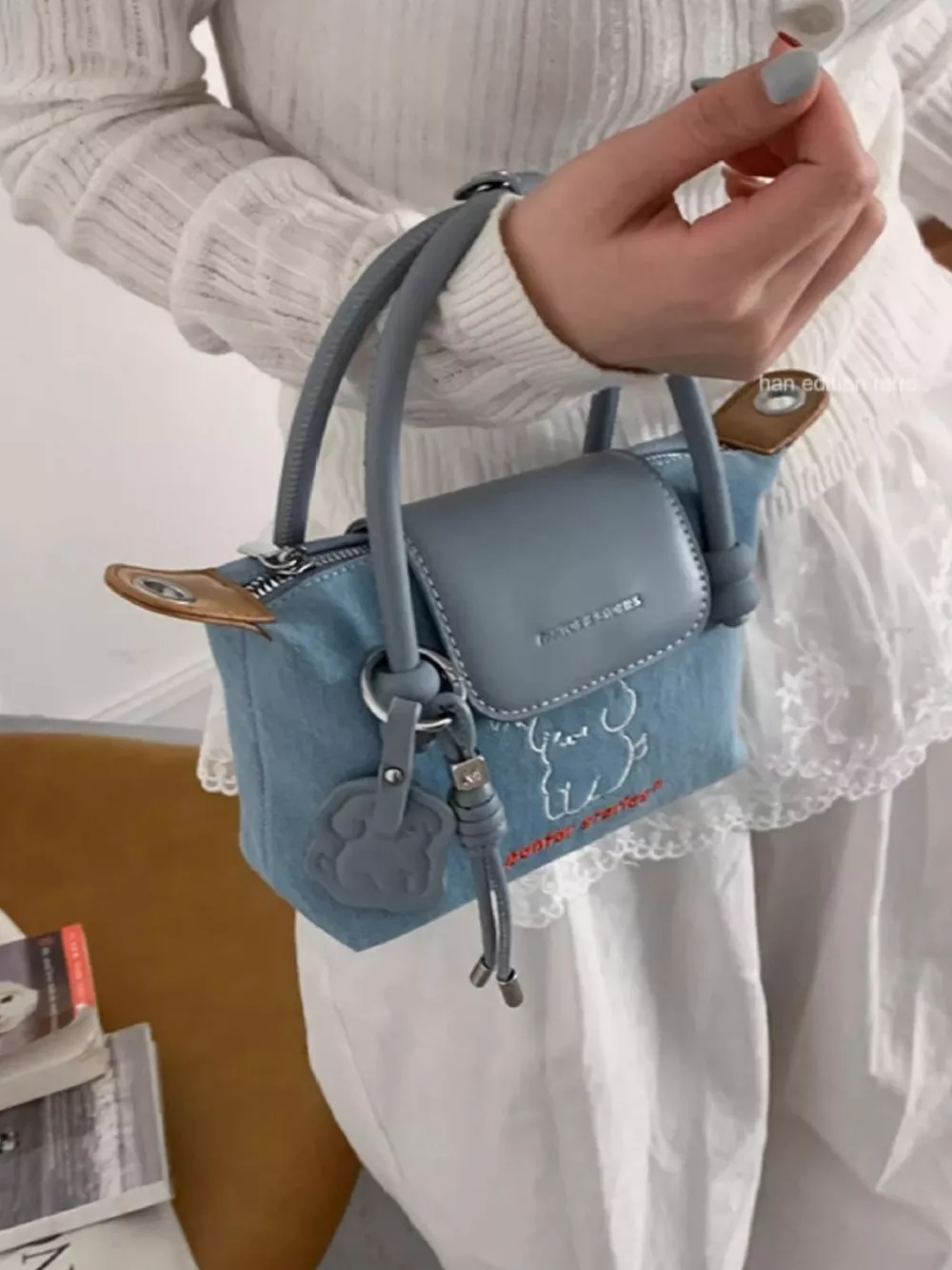 Puppy Embroidered Denim Handbag, image 3