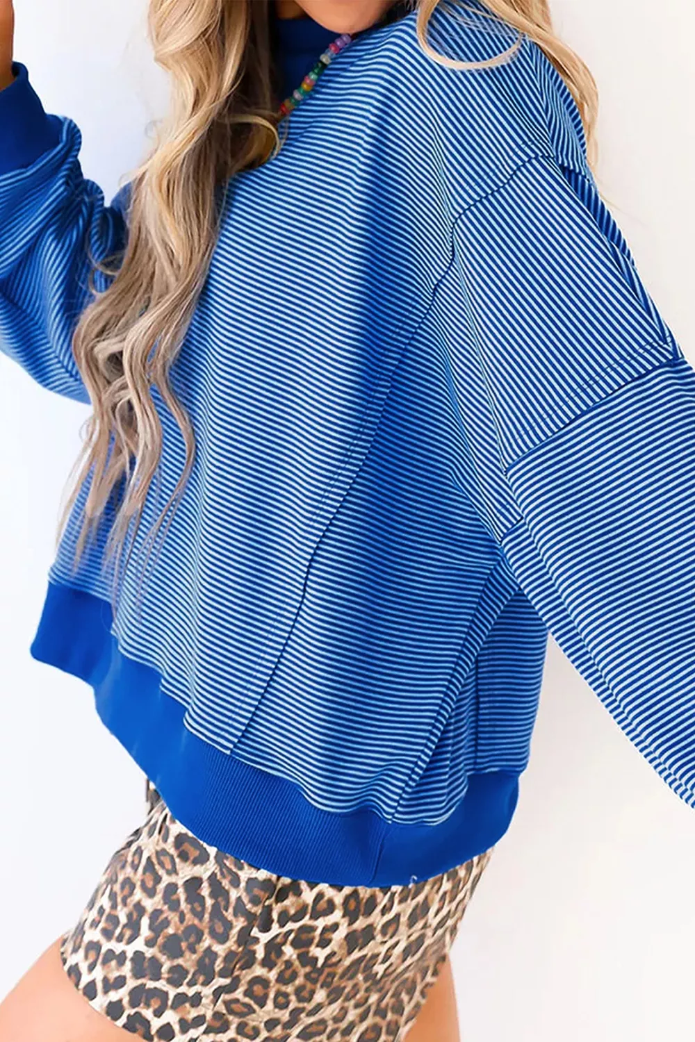 Stripe Ribbed Cuffs Hem Long Sleeve Pullover Top, image 6