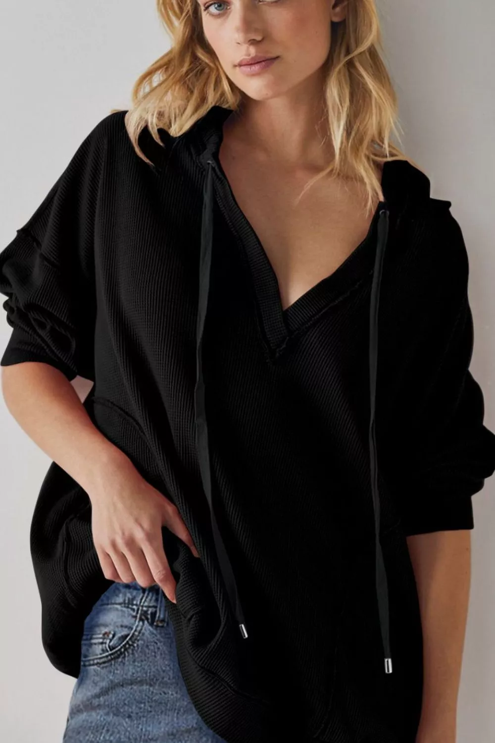Exposed Seam Drawstring Long Sleeve Hoodie, image 2