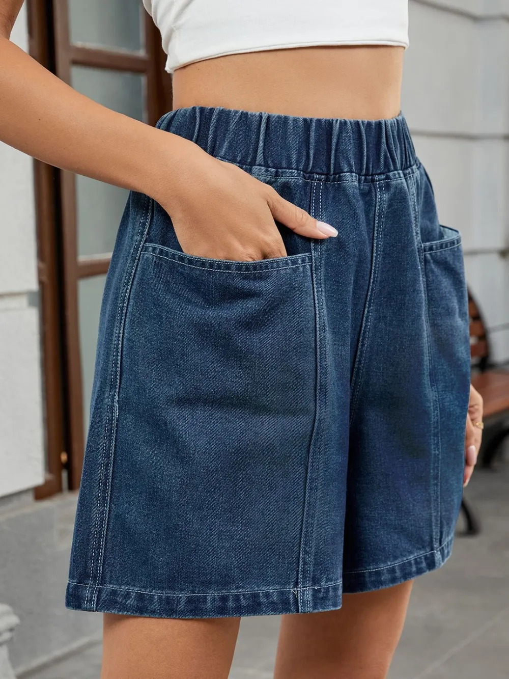 Elastic Waist Denim Shorts, image 8