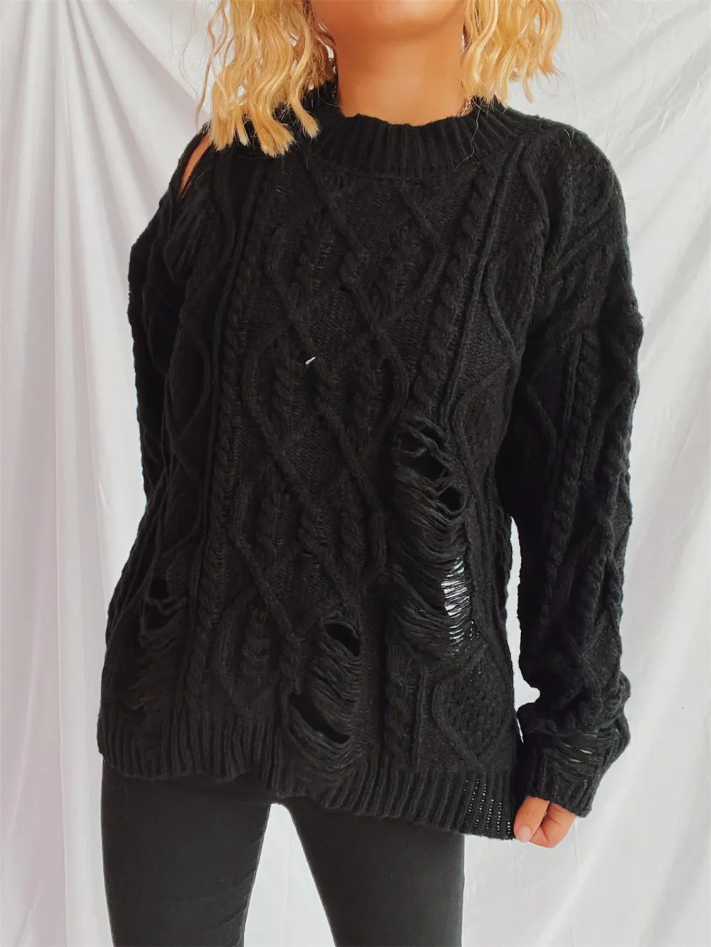 Distressed Cable-Knit Round Neck Long Sleeve Sweater, image 12