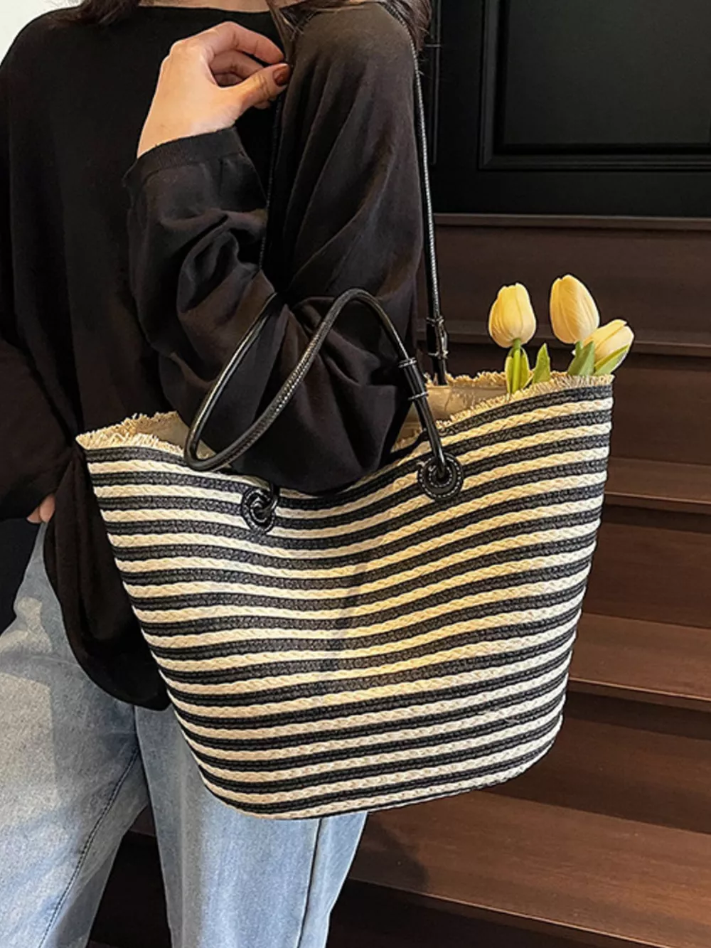 Striped Woven Straw Shoulder Bag, image 7