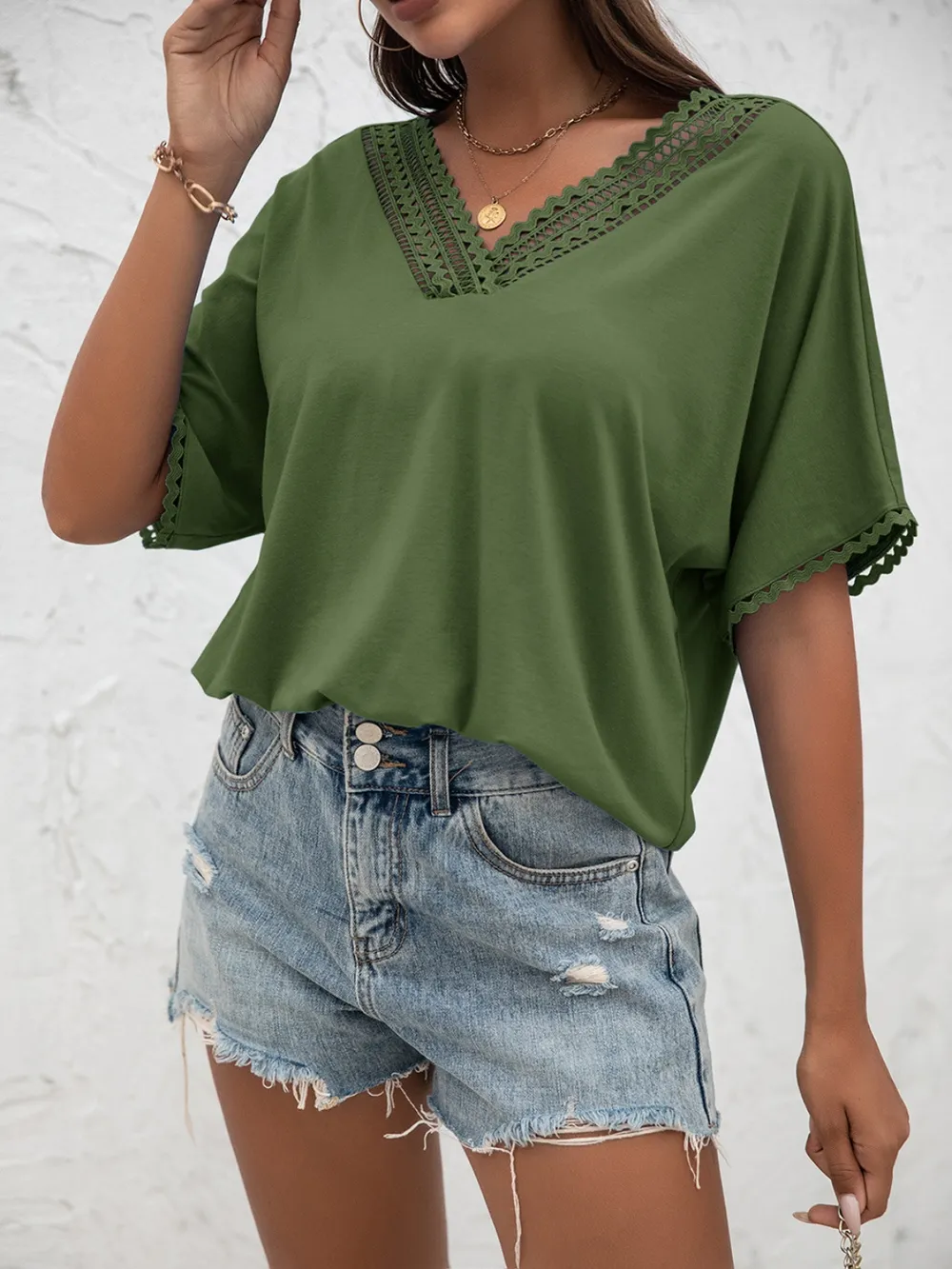 Lace Detail V-Neck T-Shirt, image 3