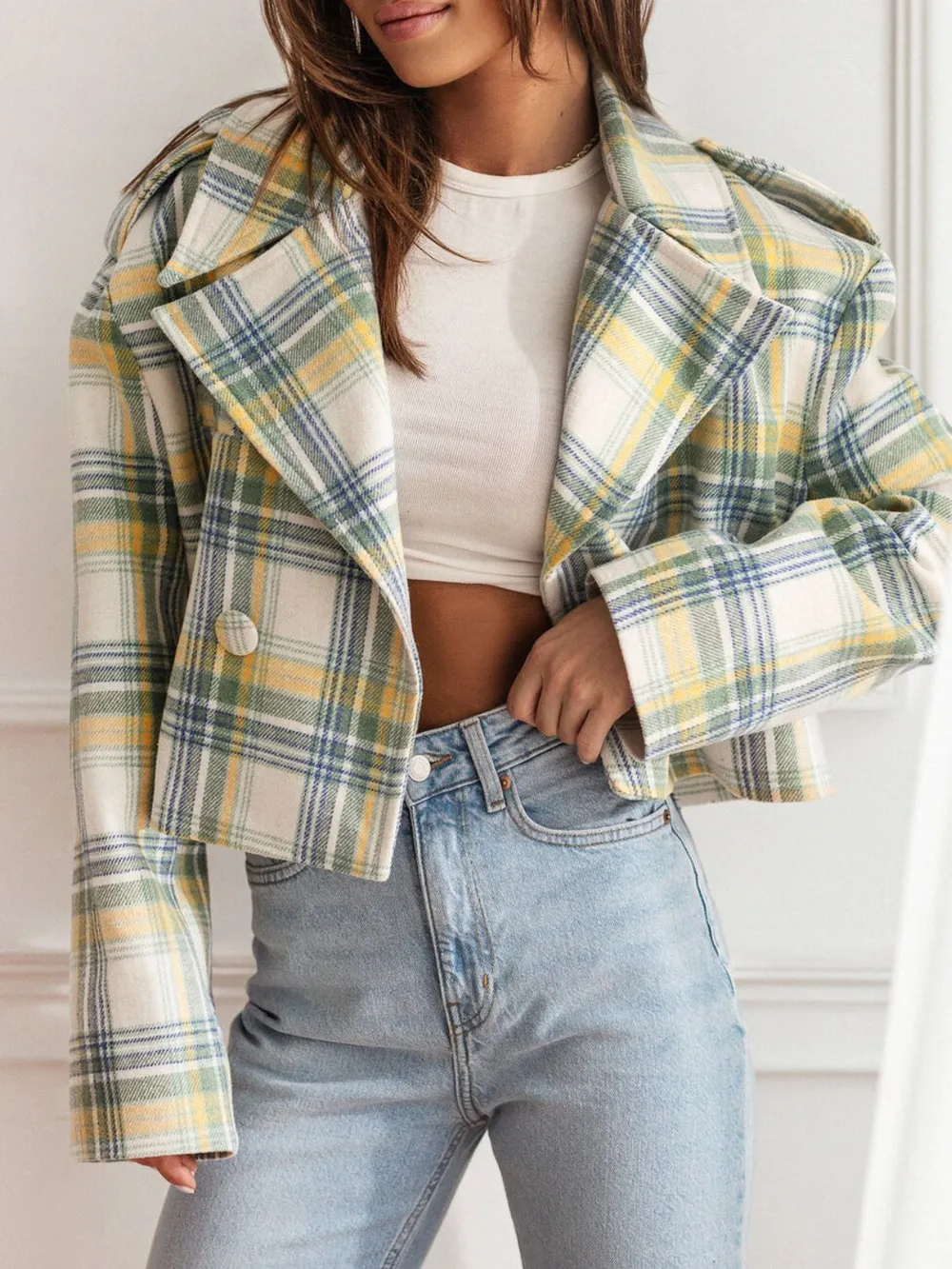 Lapel Collar Plaid Cropped Jacket, image 2
