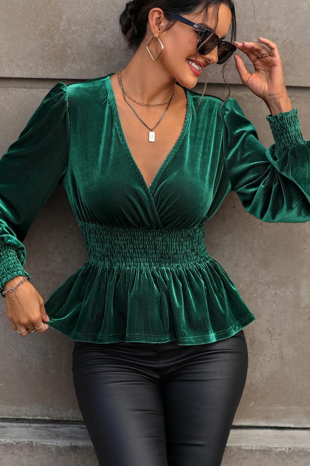Smocked Surplice Lantern Sleeve Peplum Blouse, image 3