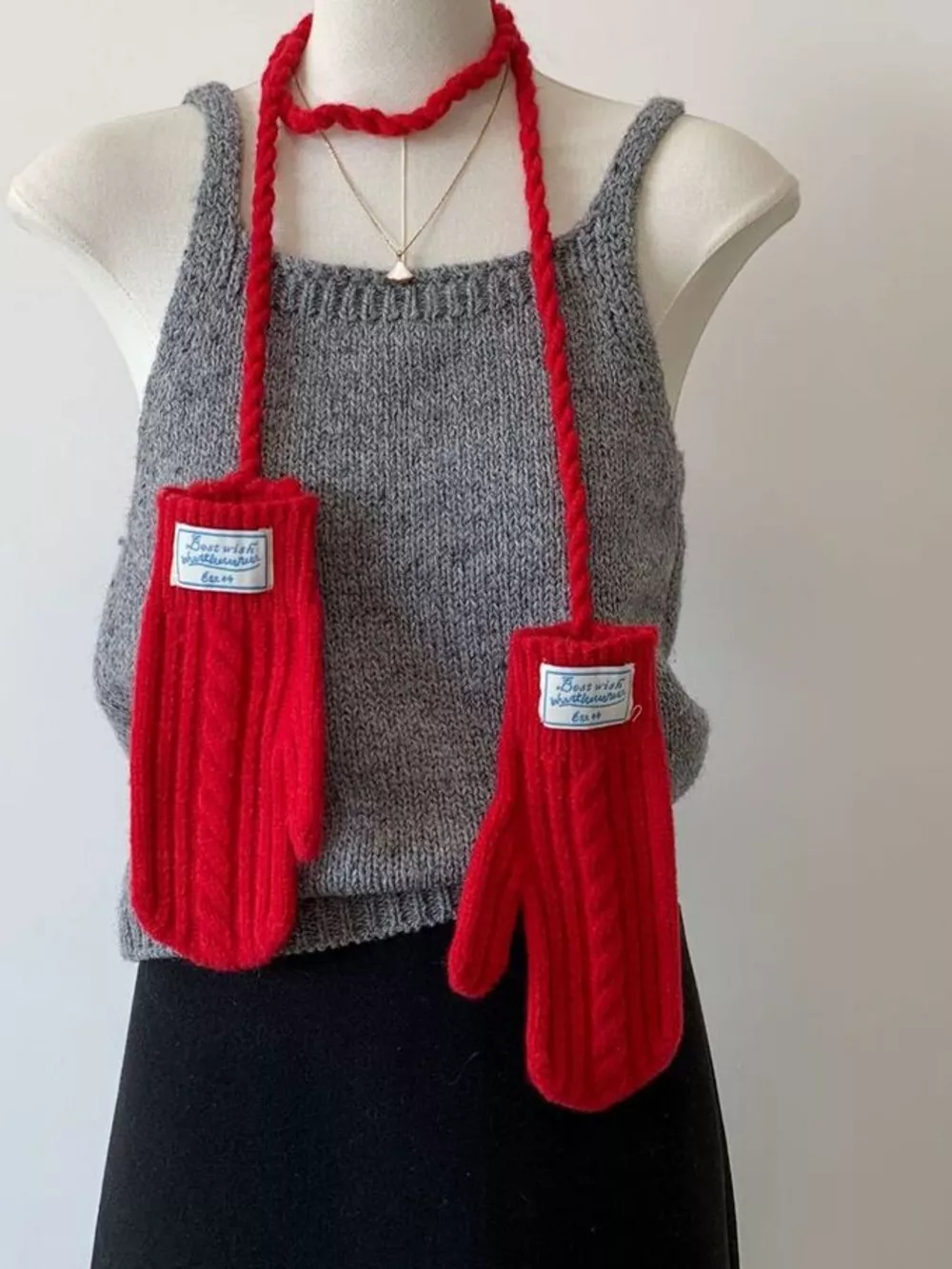 Cable Knitted Mittens with Neck Strap, image 2