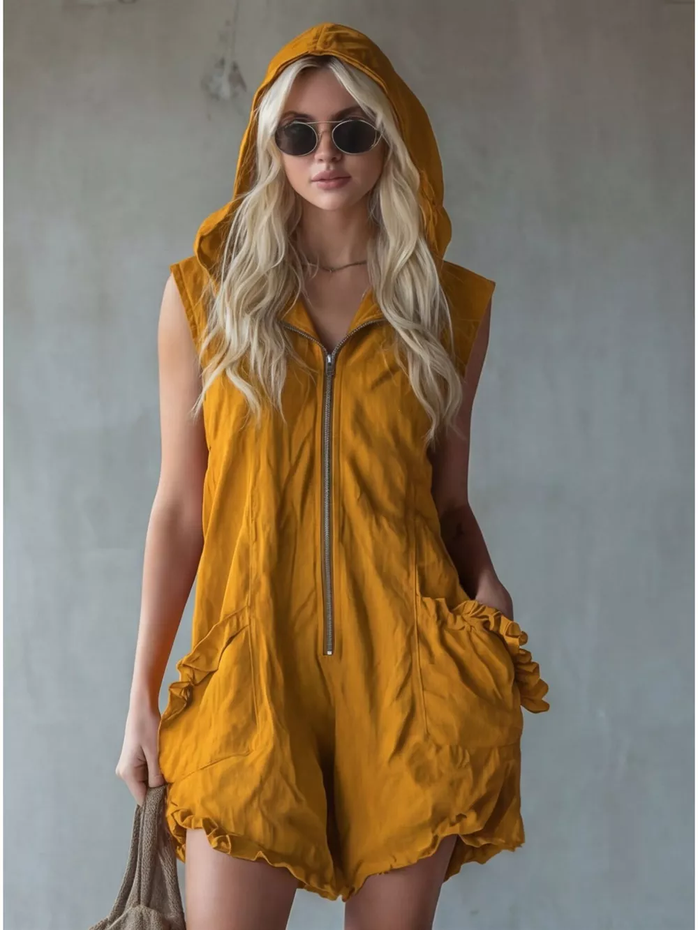 Full Size Hooded Sleeveless Zipper Romper with Ruffled Pockets Plus Size, image 11