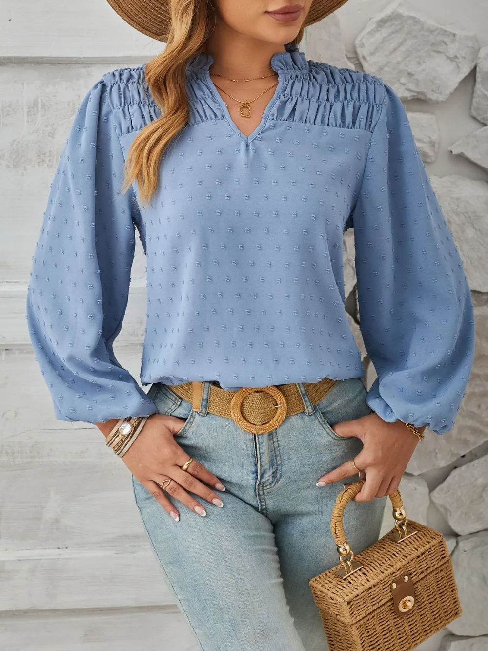 Ruched Swiss Dot Notched Balloon Sleeve T-Shirt, image 9