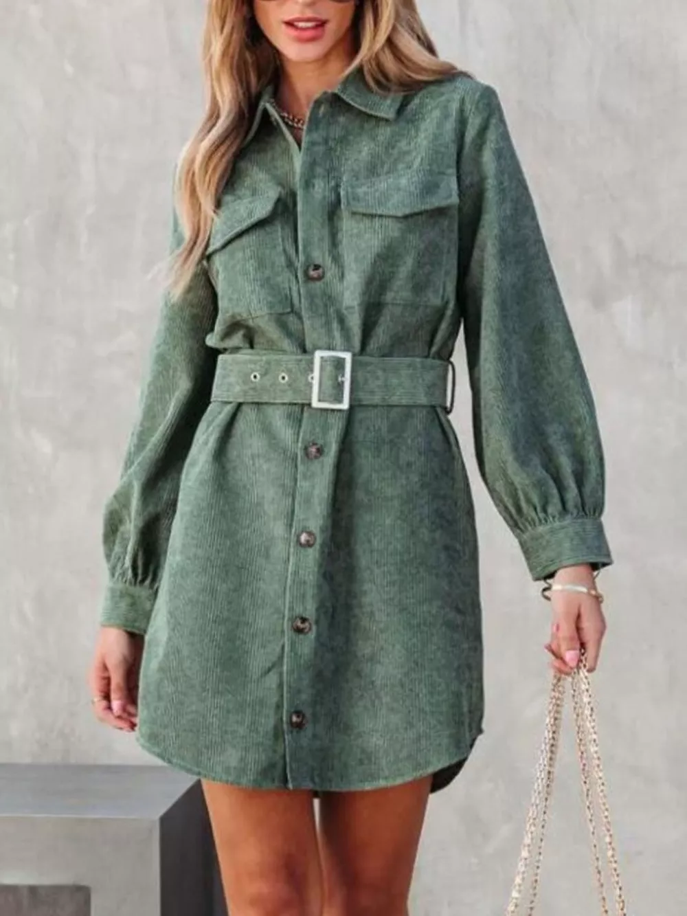 Button Front Belt Long Sleeve Corduroy Dress, image 12