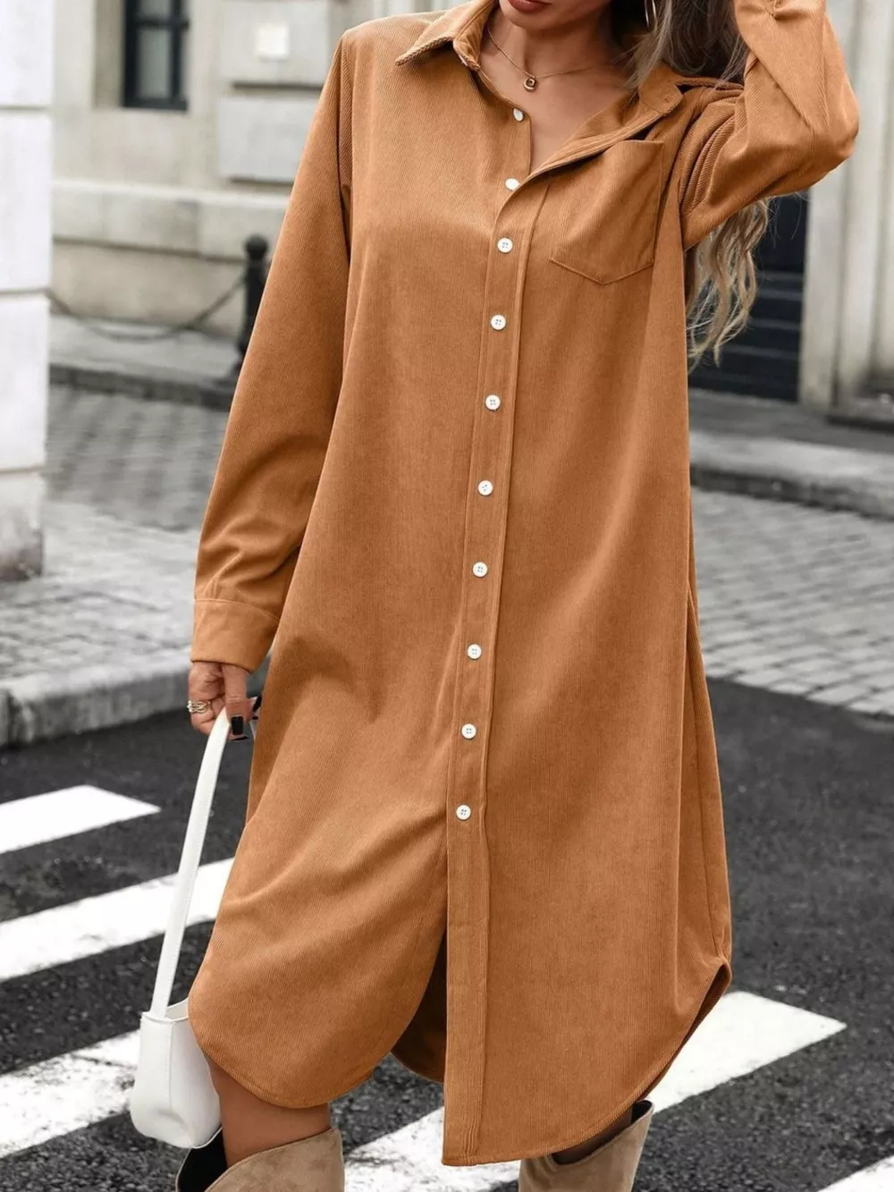 Corduroy Shirt Dress with Button-Down Front, image 3
