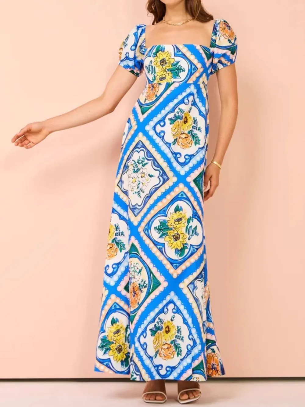 Printed Square Neck Puff Sleeve Maxi Dress