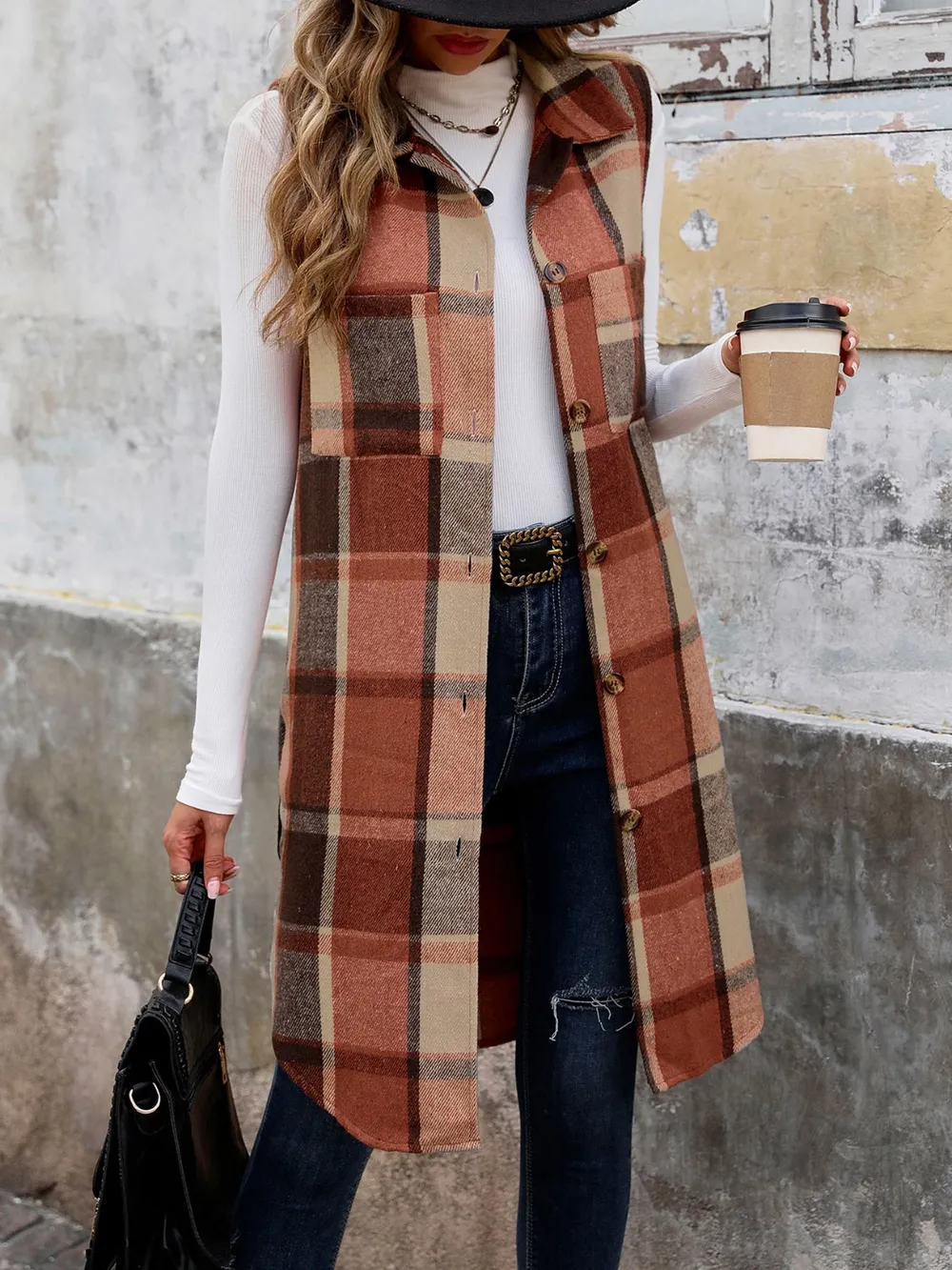 Pocketed Button Up Plaid Vest, image 3