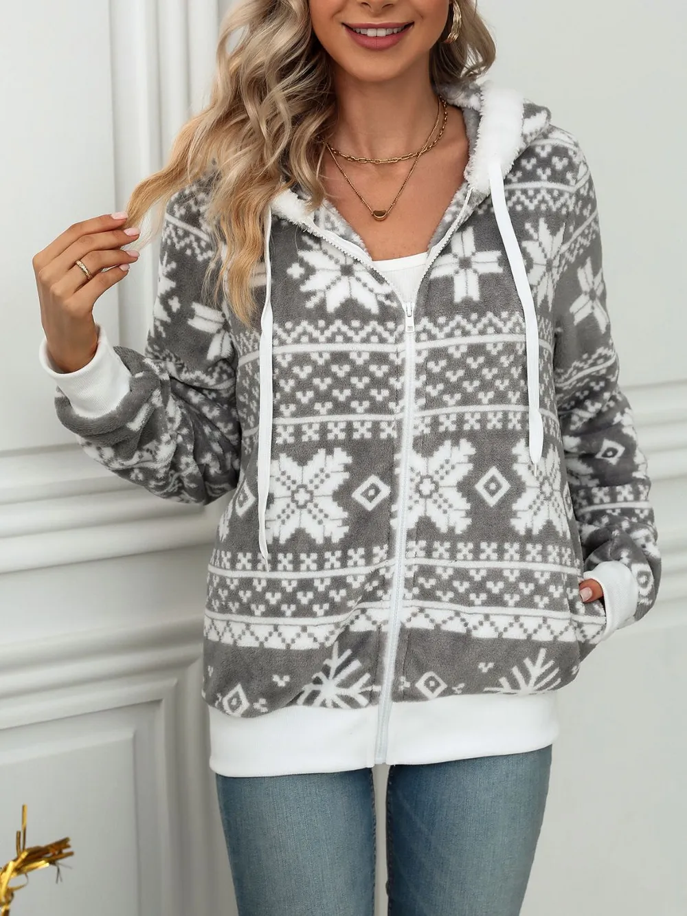 Drawstring Snowflake Zip Up Hooded Outerwear, image 4