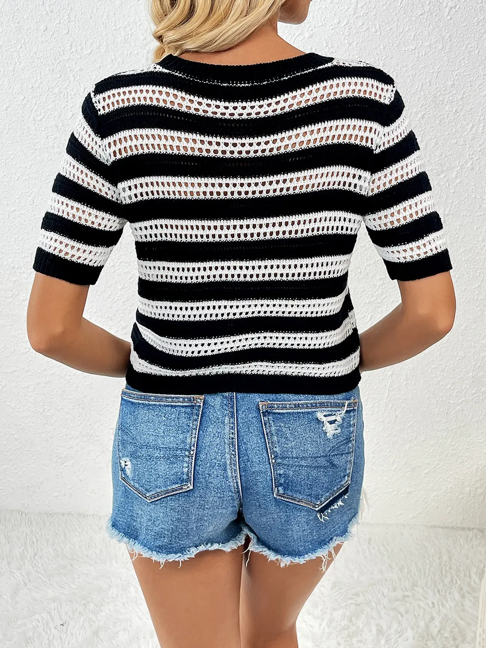 Openwork Striped Round Neck Short Sleeve Knit Top, image 12
