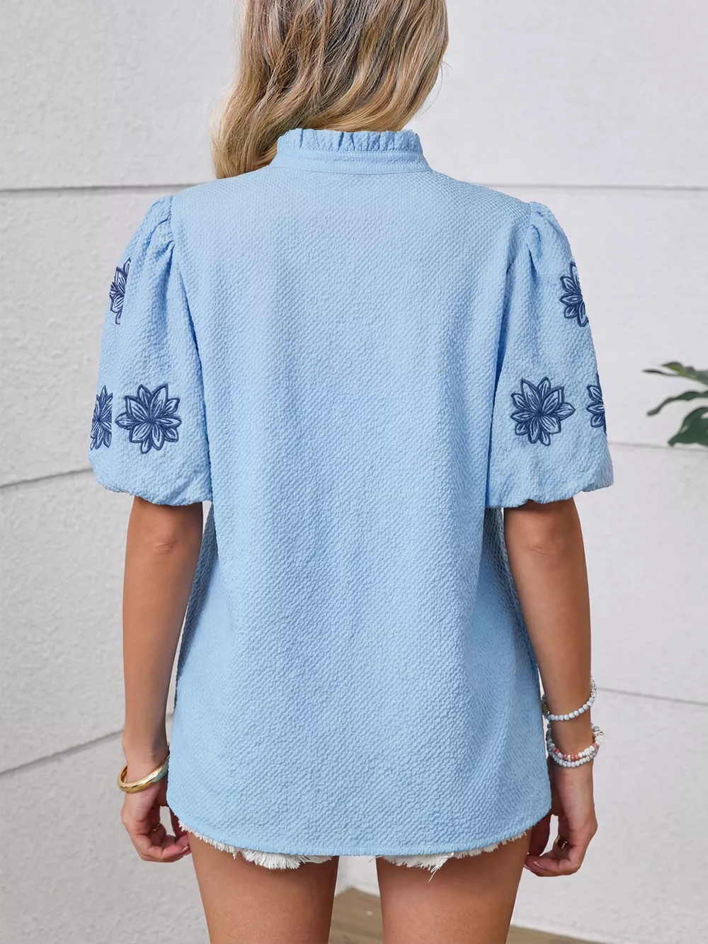 Flower Embroidered Puff Sleeve Split Neck Textured Blouse, image 5