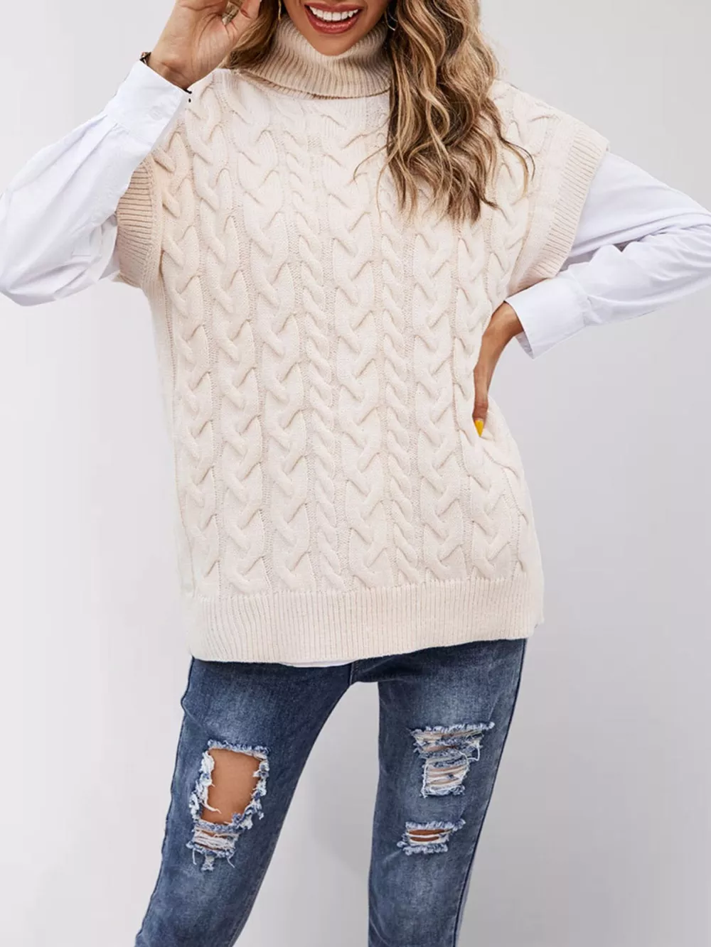 Chunky Knit Turtleneck Cap Sleeve Sweater, image 2