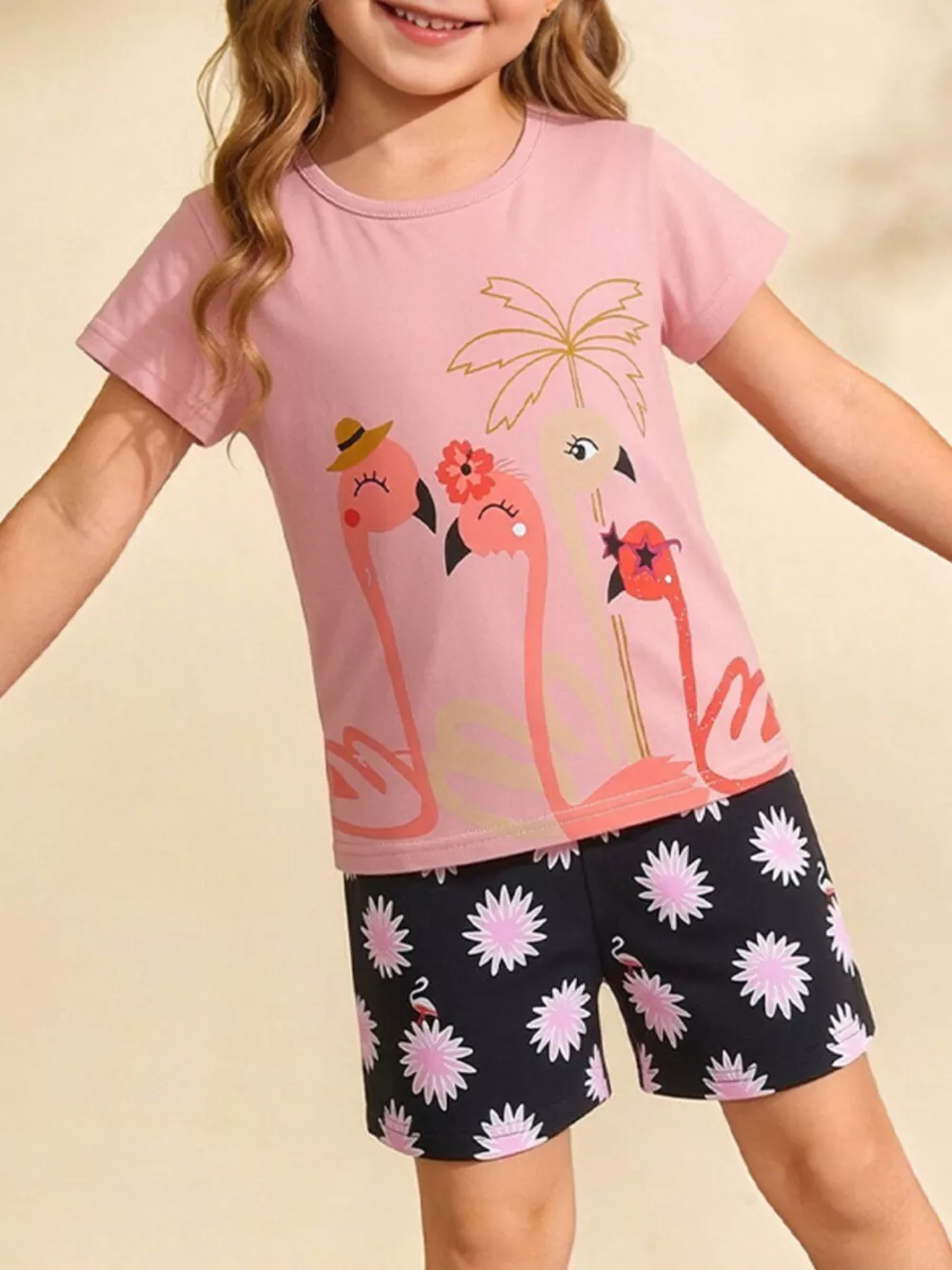 Children's Flamingo Print Tee and Shorts Set