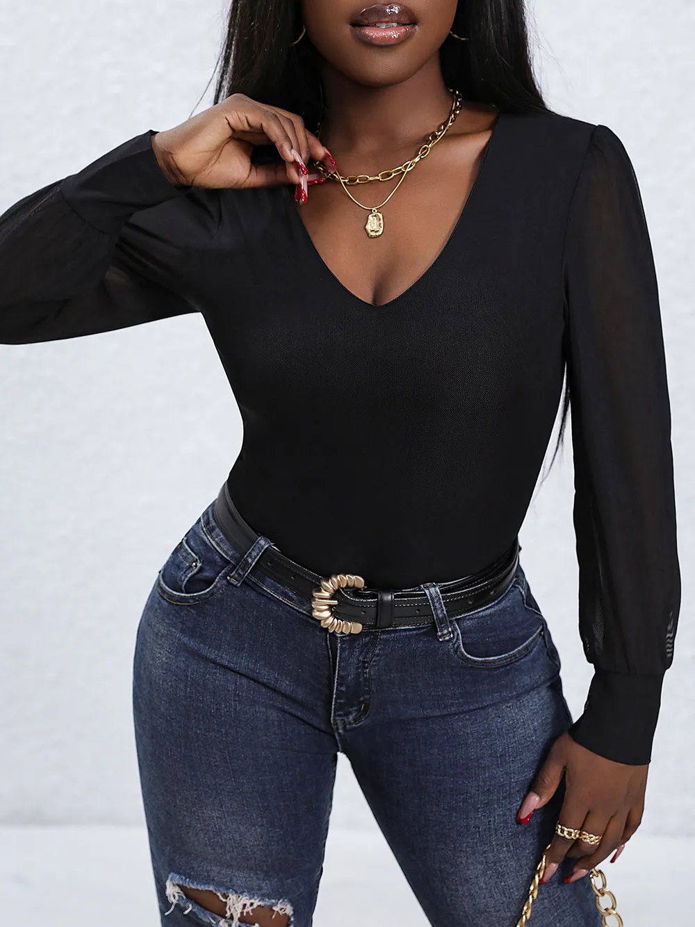 V-Neck Long Sleeve Bodysuit, image 4