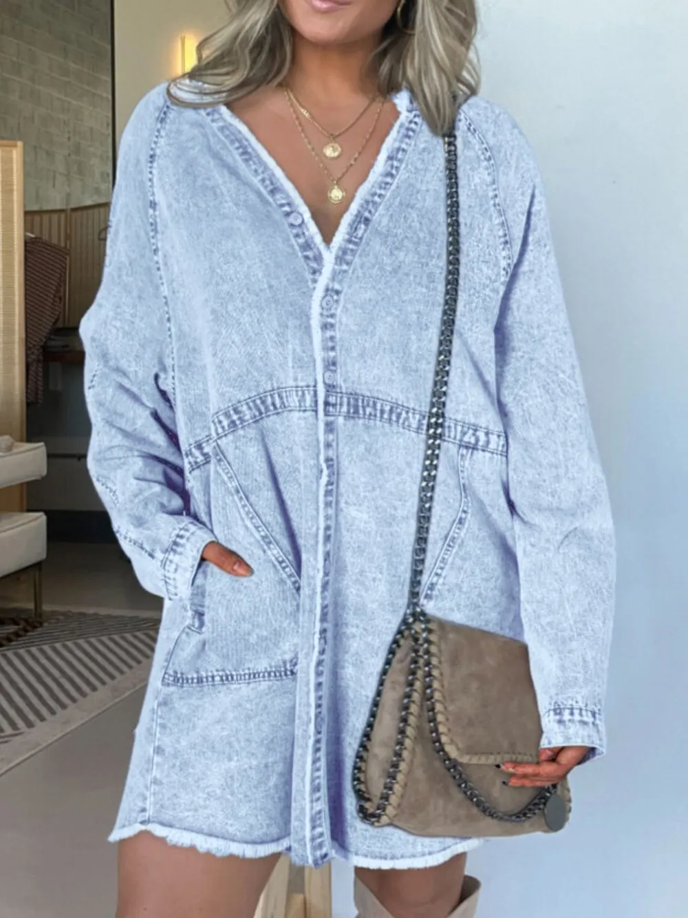 Full Size Button-Front Long Sleeve Denim Shirt Dress Plus Size, image 13