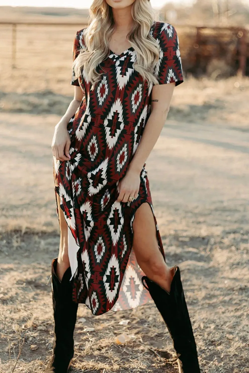 Aztec Print V-Neck Midi Dress, image 10