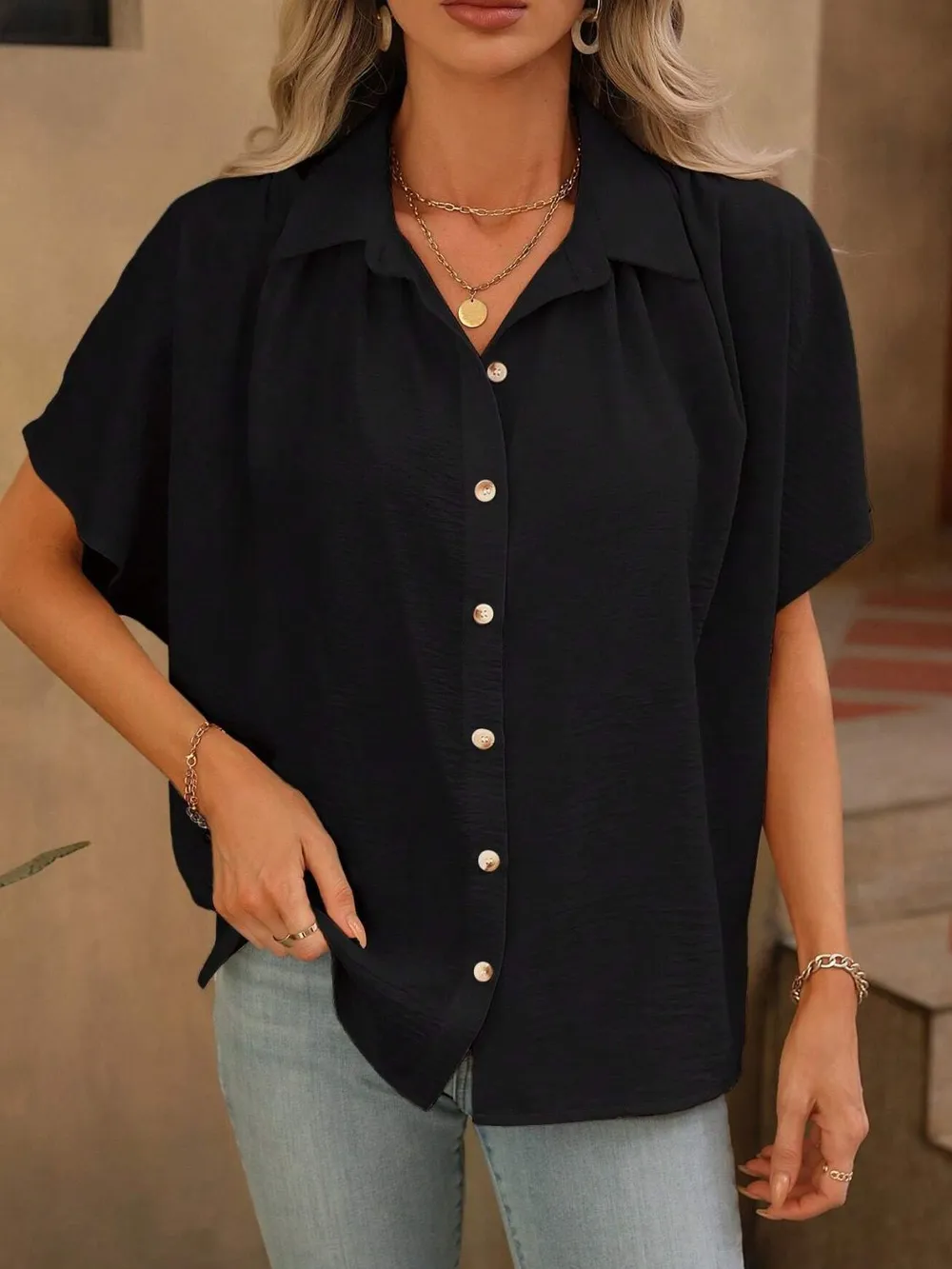 Contrast Collared Neck Short Sleeve Shirt, image 10