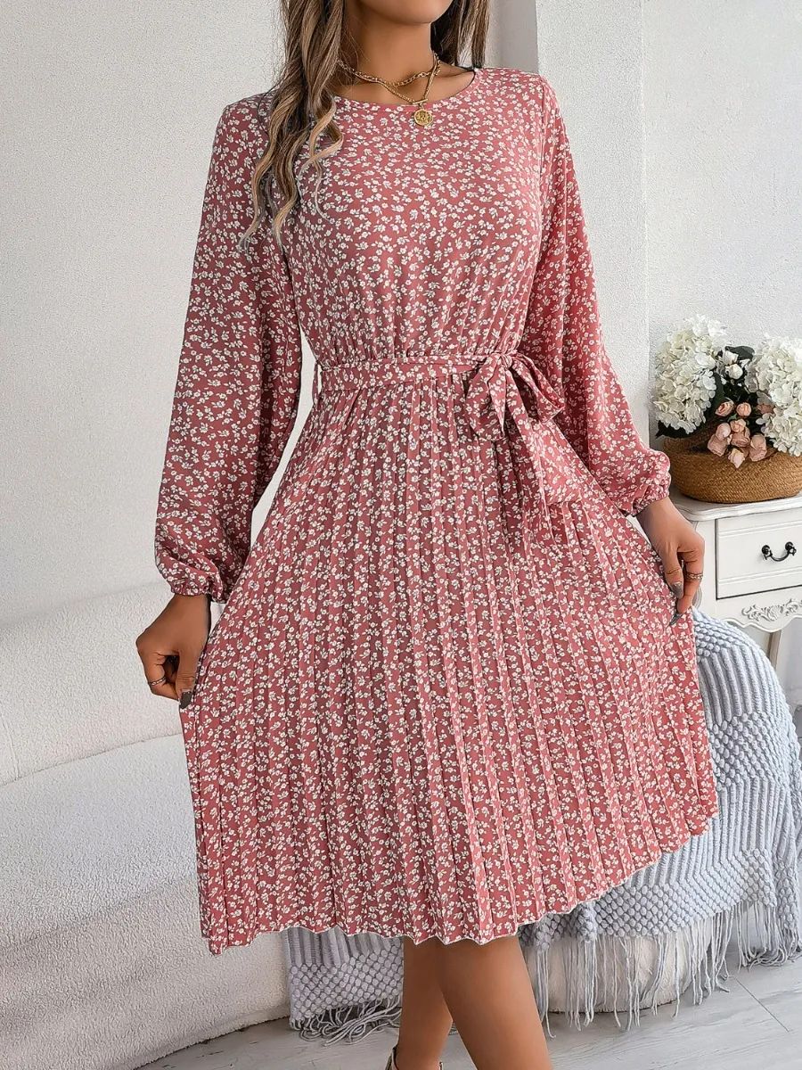 Ditsy Floral Tie Waist Pleated Dress, image 7