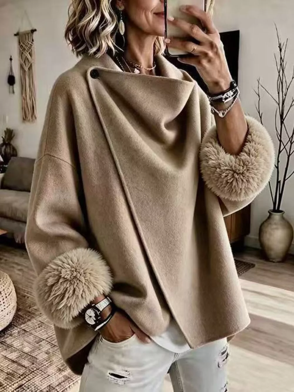 Full Size Elegant Asymmetric Faux Fur Cuff Outerwear Plus Size, image 7