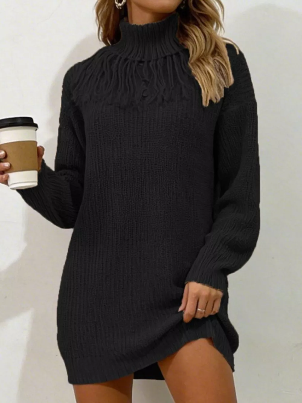 Full Size Turtleneck Fringe Detail Sweater Dress Plus Size, image 5
