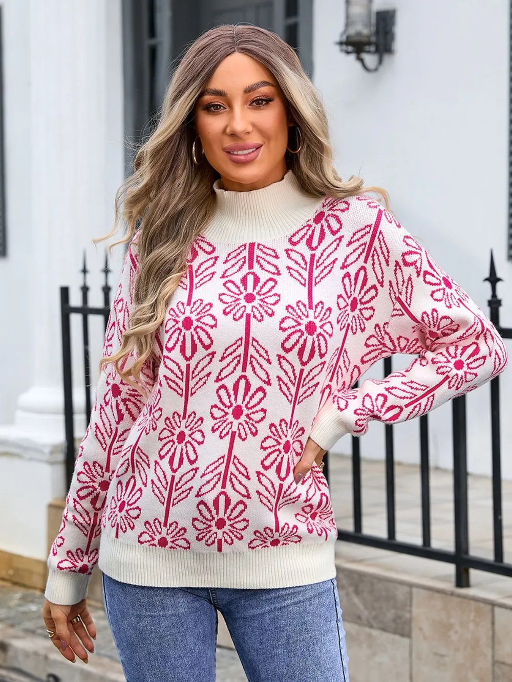 Flower Turtleneck Long Sleeve Sweater, image 7