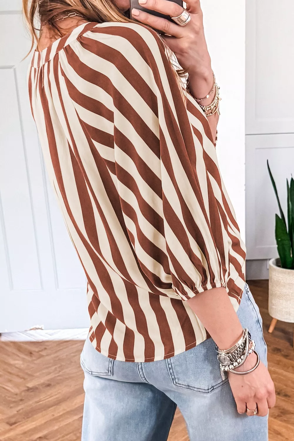 Striped Notched Half Sleeve Casual Blouse, image 3