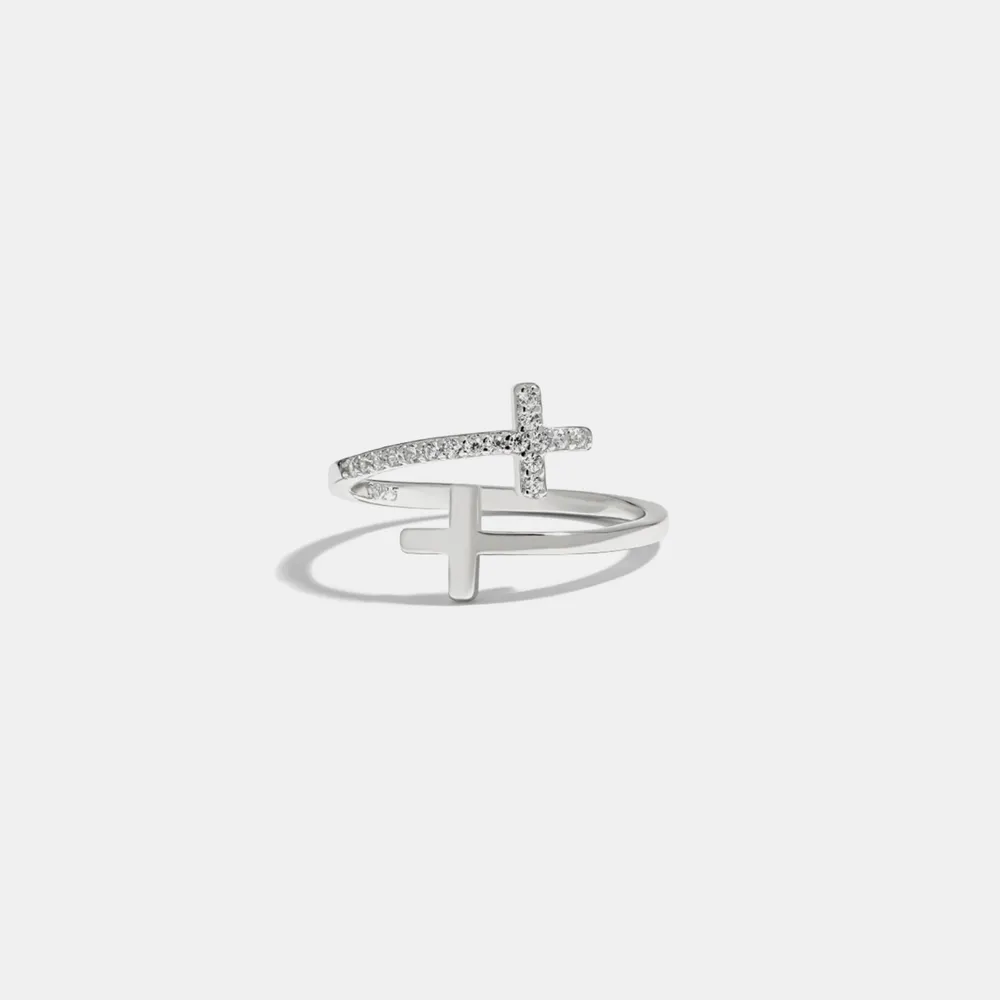 Zircon 925 Sterling Silver Double Cross Bypass Ring, image 5