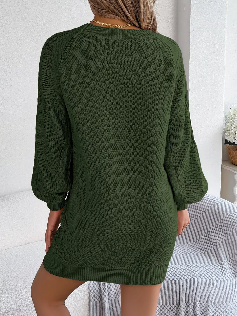 Diamond Cable Knit Sweater Dress with Long Sleeves, image 6
